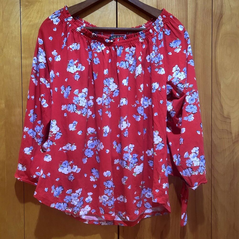 Lauren Ralph Lauren Red Cotton Floral Off Shoulder Top-Sz L-Preppy-Peasant - Picture 1 of 9